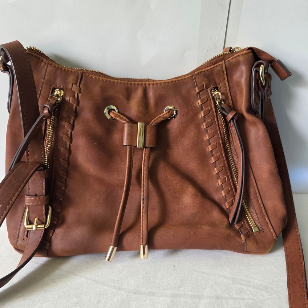 Rosetti Cognac Brown Faux Leather Crossbody Bag Drawstring Gold Hardware Boho